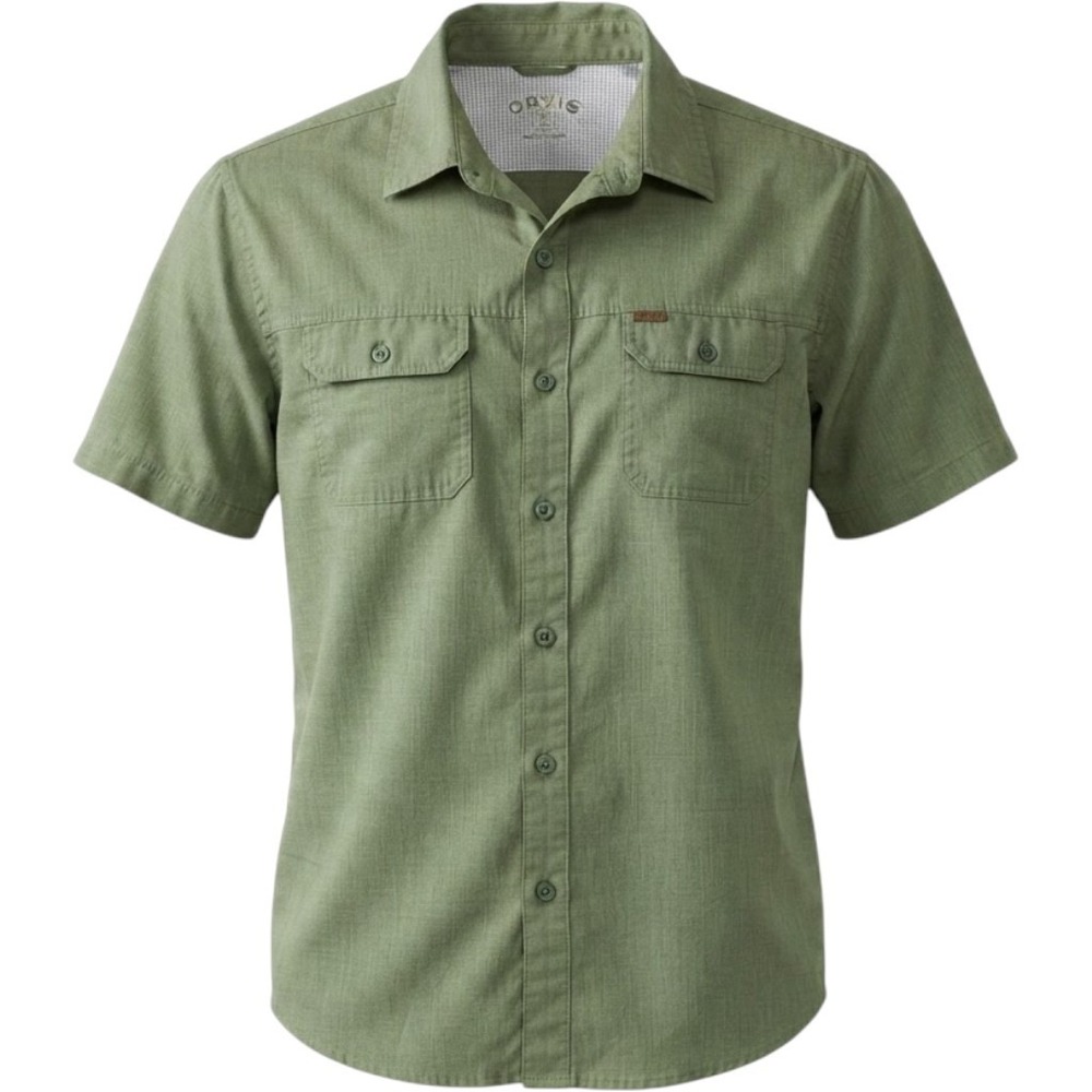 Orvis Men XL Olive Green Short Sleeve Tech Shirt Outdoor Fishing Trail Button Up